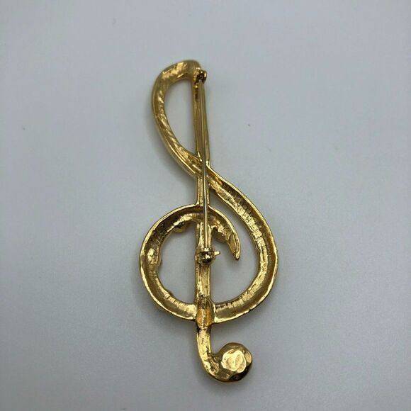 Vintage Music Brooch Treble Clef Music Note Gold Rhinestone Costume Statement - Picture 3 of 4